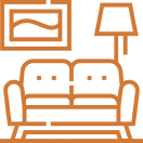 Living room with sofa and lamp icon.