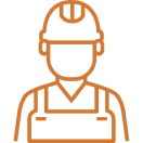 Construction worker icon in orange outline.