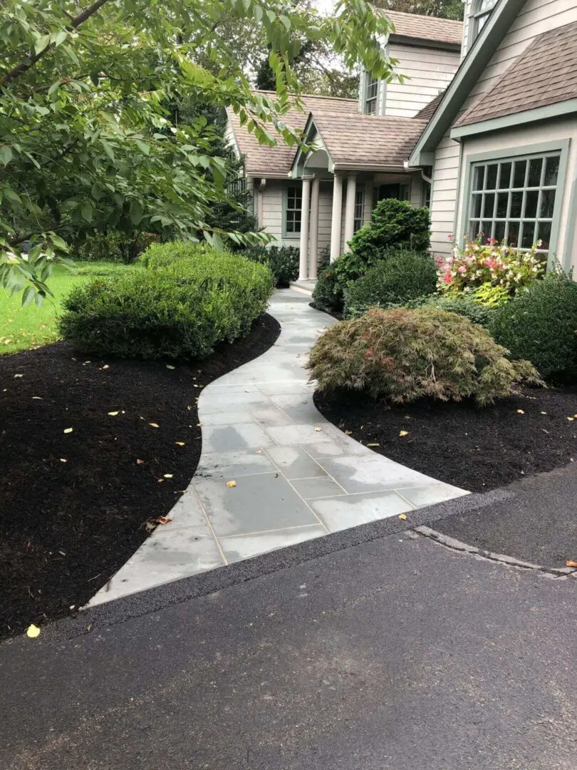 Curved concrete pathway bordered by dark mulch and green shrubs leading to a house entrance.