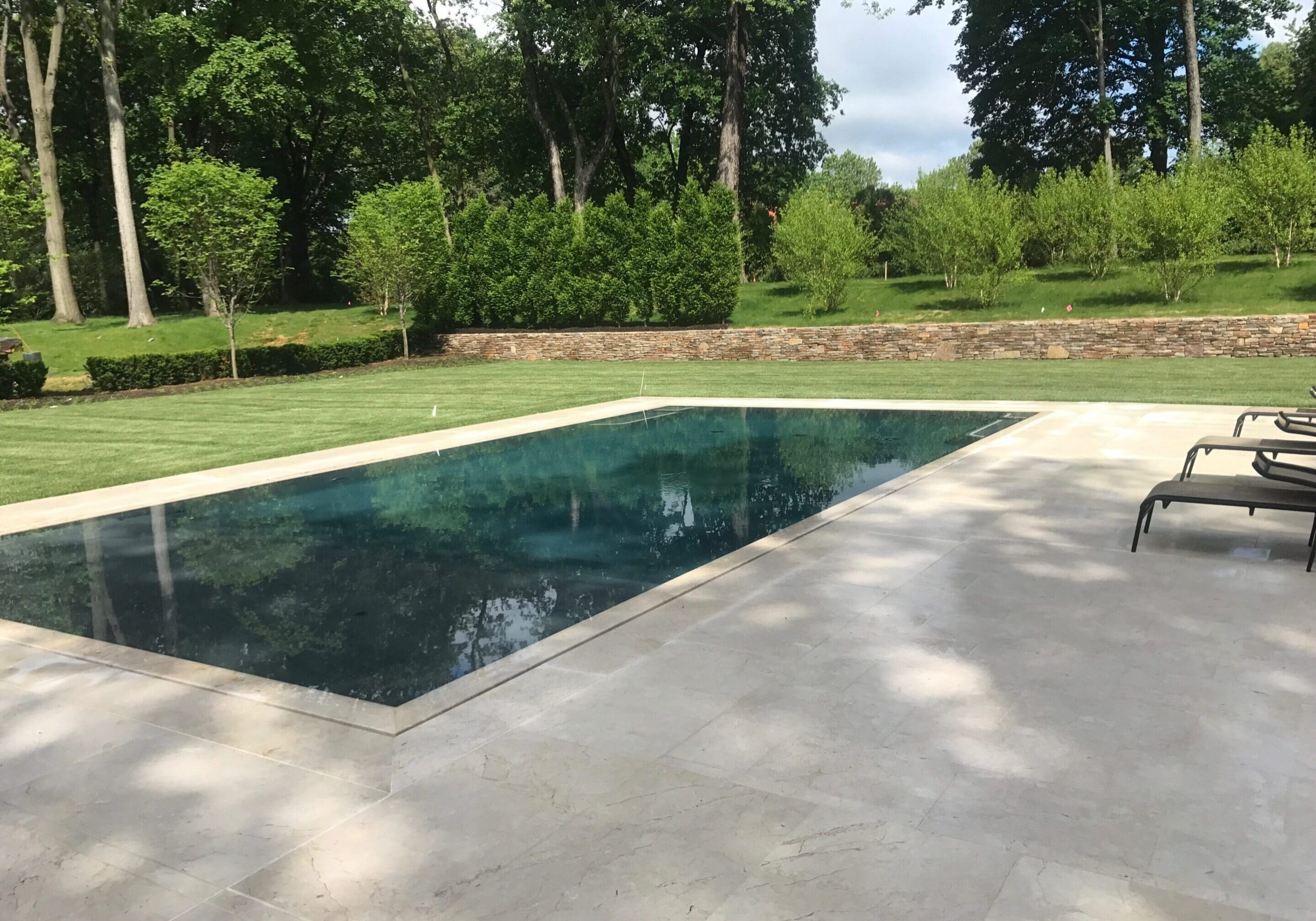 A small rectangular pool surrounded by trees and greenery.